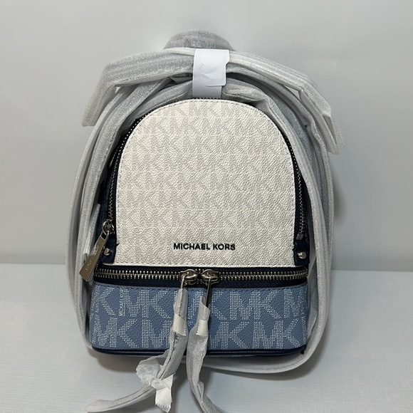 Michael Kors Rhea Mini Color-Block Logo Backpack Blue chambray Navy - Picture 7 of 9